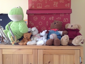 Will's Favourite Stuffies sitting on top of his armoire in his bedroom